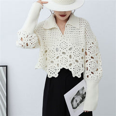 New Spring Autumn Women Sweater Pullovers Knitted Korean Fashion Hollow Out Irregular Jumpers Short Tops