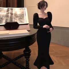 Lizakosht Black Elegant Evening Party Dress Women Slim French Vintage Y2k Midi Dress ladies Sexy Korean Fashion Dress Fishtail Winter