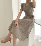 Summer Women Solid Dress French Pattern V-neck Slim Waist Side Straps And Long Short-sleeved Dress Elegent Party Dress