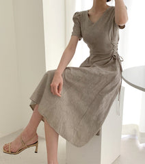 Summer Women Solid Dress French Pattern V-neck Slim Waist Side Straps And Long Short-sleeved Dress Elegent Party Dress