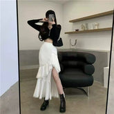 Casual High Waist Irregular Skirt Women White Korean Designer Ruffles Split Skirt Slim Office Lady Streetwear Chic Party Clothes