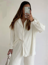 Lizakosht New Luxury Pleated Women's Set Oversized Two Piece Set Turn Down Collar Shirt Top And Pants Sets Casual High Street