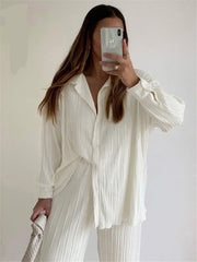 Lizakosht New Luxury Pleated Women's Set Oversized Two Piece Set Turn Down Collar Shirt Top And Pants Sets Casual High Street