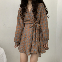New Autumn Long Sleeve Dress Women Preppy Style Bow Palid V-neck Mini Plaid Dresses Korean High Waist Short Dress Elegant