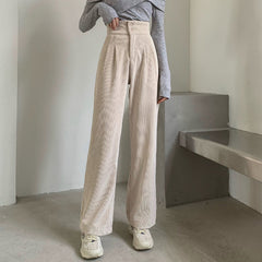 Hstar High Waist Double Button Loose Female Straight Leg Trousers Casual Pantalon Femme Pant Fashion Women Corduroy Long Pant