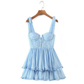 Lizakosht Summer Women Sexy Sling Sweet Ruffle Cake Chiffon Dress Female Holiday Party Mini White Dresses Ladies Chic Vestido