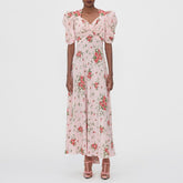 Lizakosht Pink Floral Dress Summer New French Bellflower Puff Sleeve Polyester Chiffon Ankle Print Long Dress Woman