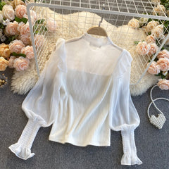 Spring Autumn New Temperament Fashion Blouse Women Sweet Fungus Chiffon Lantern Sleeve Stitching Slim Short Shirt UK977