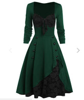 Women Christmas Dress Autumn Plus Size Party Flower Lace Insert Mock Button Bowknot Retro Vintage Fashion Chic Female Dress