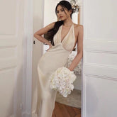 Summer dress women evening party dresses sexy v neck dress sleeveless midi dresses satin ruched halter dress backless white