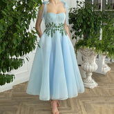 Eightree Blue Prom Dresses 2022 A-Line Spaghetti Straps Green Crystals Party Gown Tea Length Robes de cocktail Dress with Pocket