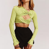 Fall Fashion Tops Women 2022 Long Sleeve Bodycon Top Green Cut Out Sexy Crop Top Blouses Slim Fit for Party Club