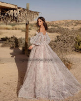 Eightree Dusty Pink Wedding Dresses Puff Long Sleeve Bride Dress 2021 Sweetheart Plus Size Vintage Floral Print Wedding Gowns