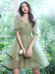 Green short sweat puff sleeve lady girl women princess bridesmaid banquet party ball prom dress gown free shipping