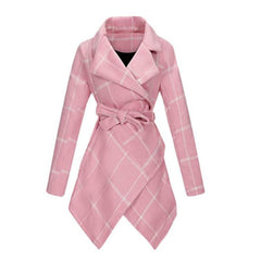 Fashion Plaid Patchwork Lace-Up Belt Women Outerwear Autumn Winter Long Sleeve Double Breasted Windbreaker Jackets Casual Coats