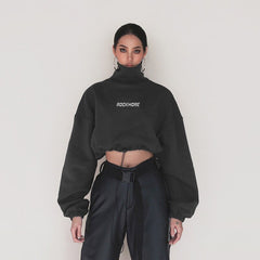 Autumn Winter Turtleneck Thick Hoodie Oversized Women Crop Tops Sweatshirt Pullovers Long Sleeve Letter Print Waist Drawstring