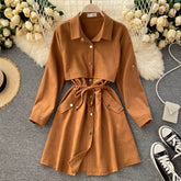 New Women Short Dress Spring Autumn Turn Down Collar Single-breasted Casual Dresses Ladies Shirts Dress