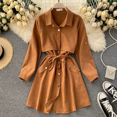 New Women Short Dress Spring Autumn Turn Down Collar Single-breasted Casual Dresses Ladies Shirts Dress