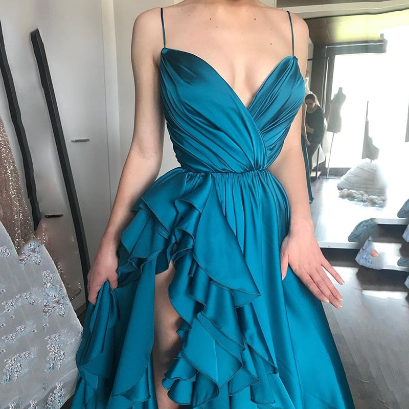 Lizakosht Elegant Turquoise V-Neck Satin Ruffles Prom Dress Hot Sale Spagetti Straps A-Line Long Evening Dress Plus Size Party Dress
