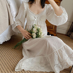 White Cotton Night Dress Women Autumn Long Sexy Nighty Peignoirs Lolita Vintage Nightgowns Romantic Princess Sleepwear