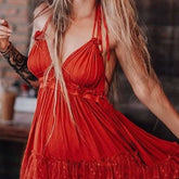 Lizakosht summer dress cotton lace pleated halter backless beach dresses V-neck sexy dress women bohemian vestidos