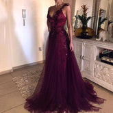 SoDigne Burgundy Sequin Evening Dress Sexy Slit Skirt V Neck Lace Applique Glitter Prom Gown formal dresses