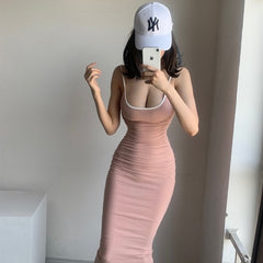 Summer New Sexy Sling Dress Hit Color Edging Solid Color Stretch Bag Hip Pencil Dress Fashion Ins