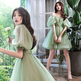 Green short sweat puff sleeve lady girl women princess bridesmaid banquet party ball prom dress gown free shipping