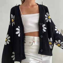 Lizakosht Vintage Flower Knit Cardigans Sweater y2k Women Autumn Winter V Neck Loose Elegant Sweater Coat Female Casual Thick Clothes