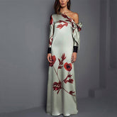 Fashion Floral Print Straight Long Sleeved Off Shoulder Bow Autumn Mother of The Bride Dress Casual Evening Gowns Prom Robe