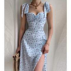 Wepbel Side Split Dresses High Waist Light Blue Sexy Dress Women Sleeveless Sexy Lace-up Waist-Tight Clubwear Low Cut Dress