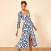 Lizakosht ruffled women dress blue floral 3/4 sleeve front ties long boho dress Square neck ladies dress summer dress