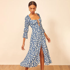 Lizakosht ruffled women dress blue floral 3/4 sleeve front ties long boho dress Square neck ladies dress summer dress