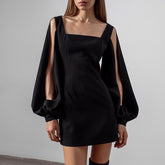 Lizakosht Elegant Square Collar Lady Party Dresses 2022 Office Fashion Slit Hollow Out Sleeve Slim Mini Dress Lantern Sleeve Women Dress
