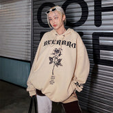 QWEEK Y2K Streetwear Beige Women Oversized Hooded Sweatshirt Harajuku Goth Print Hoodies Female E Girl Gothic Autumn 2021 Tops