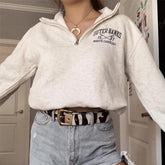 Lizakosht New Preppy Style Letter Print Zip Up POLO Collar Sweatshirt Women White Vintage Warm Fleece Winter Pullovers Design Fashion