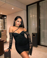 Casual Women's Dresses 2022 Blue Bodycon Dress Long Sleeve Mesh Party Dress Elegant Off The Shoulder Celebrity Club Night Dress