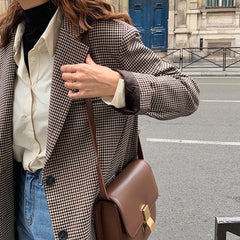 Women Plaid Blazers Spring Autumn Lapel Loose Long-sleeved Korean Short Coat Women Button Vintage Brown Blazer