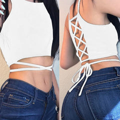 Summer 2022 Sexy Party Tops Backless Hollow Out Fitness Sleeveless Short Crop Tops Camisoles Streetwear Black Lace Up Crop Tops