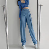 High Street Solid Color Pleated hook and loop fastener Suit Pants Autumn Korean Loose Casual Trousers Women Thin VEPH