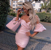 Summer New Women Sexy White Pink Off The Shoulder Puff Sleeve Draped Mini Runway Club Party Dress