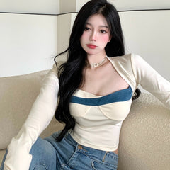 Contrasting Square Neck Sweater T-shirt Women's Autumn Design Sense Short Tight-fitting Inner Base Shirt White Long-sleeved Top