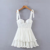 Lizakosht Summer Women Sexy Sling Sweet Ruffle Cake Chiffon Dress Female Holiday Party Mini White Dresses Ladies Chic Vestido