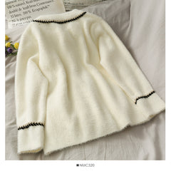 New Mink Cashmere Loose Sweater Cardigan Jacket Women Autumn and Winter Short Bright Silk Stripe Thickened Knitted Top Coat