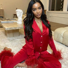 Lizakosht  2022 Casual Two Piece Pants Set For Women Black Fleece Fur Long Sleeve Top Shirt And Pantsuit Ladies Fashion Party Suit