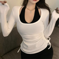 Casual all-match T-shirt 2022 spring and autumn long-sleeved slim fit two-piece set with chest pad top fashion women's clothing