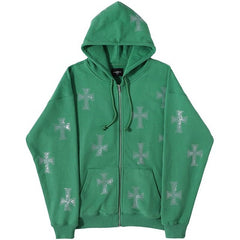 Womens Hooded Cross Rhinestone Zipper Hooded Sweater Plus Size  European and American Loose Top Two-piece Autumn 2021 New Style