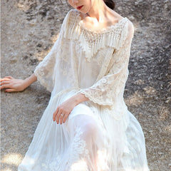 Luxury Embroidered Lace White Boho Beach Summer Dress Fringe Tassel Novelty Loose Long Maxi Dresses for Women 2022 Lined