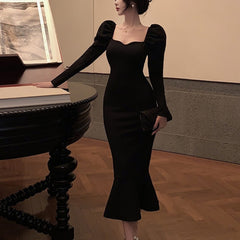 Lizakosht Black Elegant Evening Party Dress Women Slim French Vintage Y2k Midi Dress ladies Sexy Korean Fashion Dress Fishtail Winter
