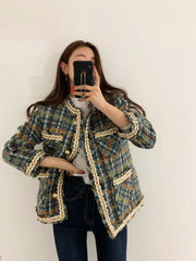 Lizakosht  Knitting Slim Woolen Jackets Women Vintage Tweed Coat Outerwear Coats Channel Style Za Suit Cropped Stripeed Kawaii